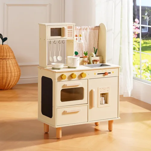Miniatura 9 de ROBUD Juego de Cocina de Madera para Jugar, Cocina de Juego de Simulación para Niños, Cocina de Juguete con Microondas, Fregadero, Estufa y Máquina