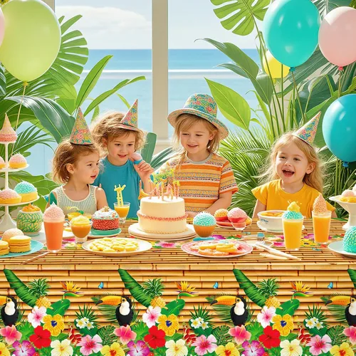 Miniatura 5 de Paquete de 2 manteles hawaianos Luau para decoración de fiesta, 54 x 108 pulgadas, mantel Tiki Tropical de plástico, mantel desechable Hawaii Aloha