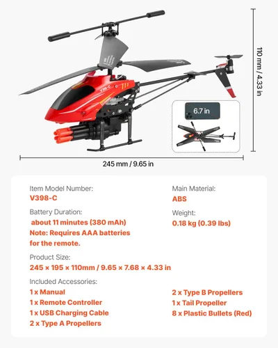 Miniatura 7 de VEVOR Helicóptero RC, helicóptero de control remoto volador de 2.4 GHz con modo de disparo, avión RC de 3.5 canales para niños, retención