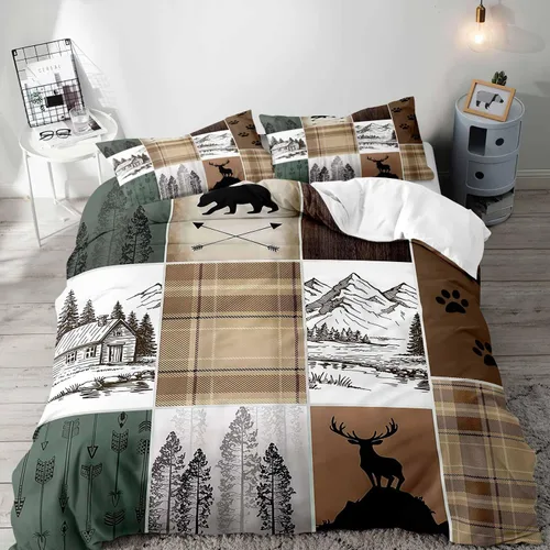 Miniatura 17 de LUVIVIHOME Juego de funda de edredón de 2 piezas, diseño de oso y alce, ciervo, ciervo, ropa de cama de cabaña, ropa de cama rústica de granja
