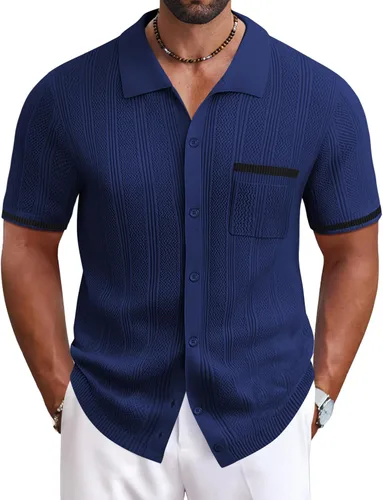 COOFANDY Camisa de punto con botones para hombre, estilo vintage, de manga corta, estilo casual, para la playa