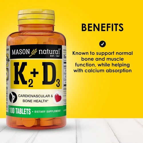 Miniatura 2 de MASON NATURAL Vitamina K2 100 mcg Plus Vitamina D3 - Apoya la salud ósea, cardiovascular y muscular, 100 tabletas