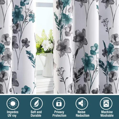Miniatura 7 de H.VERSAILTEX Cenefas de cortina 100% opacas para ventanas de cocina, juego de 2 paneles de Cattleya con estampado floral Leah con aislamiento