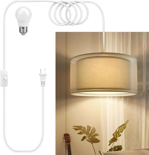 Lámpara Colgante Enchufable, Luces Colgantes con Cable Blanco de 15 Pies con Cable Enchufable, Luz Colgante con Interruptor de Encendido/Apagado,