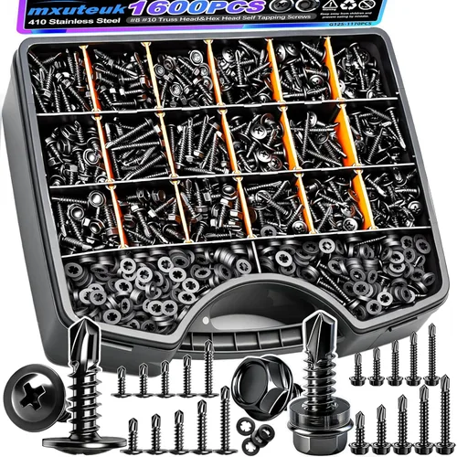 Miniatura 25 de mxuteuk 230 tornillos autorroscantes #8 para metal, 410 tornillos autoperforantes de acero inoxidable, tornillos de chapa de cabeza de truss de 1/2