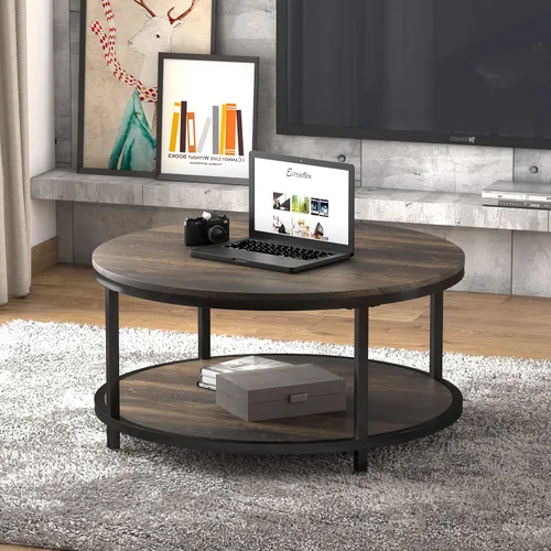 Miniatura 3 de NSdirect Mesa auxiliar redonda de 36 pulgadas, superficie de madera rústica y patas de metal resistentes, mesa industrial para sala de estar, Marrón