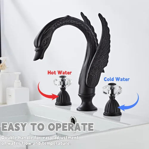 Miniatura 3 de Grifo de Lavabo Estilo Cisne Ornamentado Dorado Negro Combo para Baño con Montaje en Cubierta Conjunto de Grifo Mezclador para Lavabo Agua Caliente