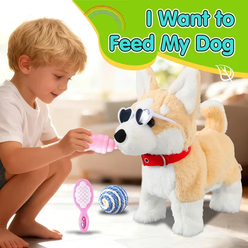 Miniatura 5 de HCdoujoy Perro Corgi juguete que camina y ladra, cachorro interactivo musical que canta y baila con control de volumen, camina con correa, menea