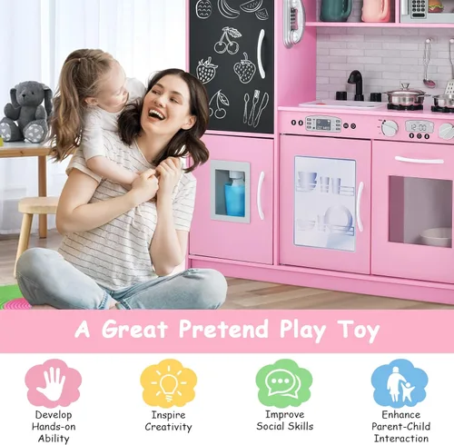 Miniatura 5 de MAT EXPERT Juego de Cocina para Niños, Cocina de Juguete de Chef de Madera con Pizarra, Máquina de Hielo, Accesorios de Utensilios de Cocina, Rosa