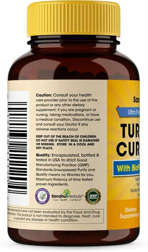 Miniatura 3 de SANDHUHERBALS Curcumina de cúrcuma orgánica 120 cápsulas con suplemento de extracto de pimienta negra bioperina 1500 mg con 95% de curcuminoides