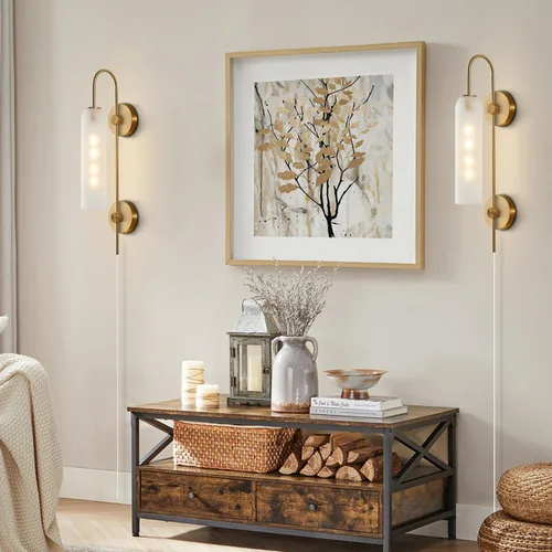 Miniatura 9 de BOKT Apliques de pared modernos de mediados de siglo con enchufe para interiores, largos, oro cepillado, vidrio blanco leche, apliques