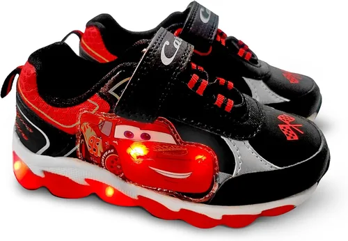 Disney Cars - Tenis deportivos iluminados para niño, con luz McQueen, con correa ajustable, color negrorojoplateado