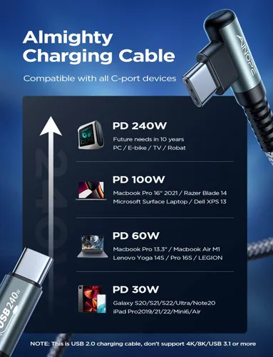Miniatura 4 de AINOPE Cable USB C a USB C de 240W (6.6 pies, paquete de 2, USB C Chubby) Cable de carga rápida USB C a USB C, cable cargador USB C en ángulo recto