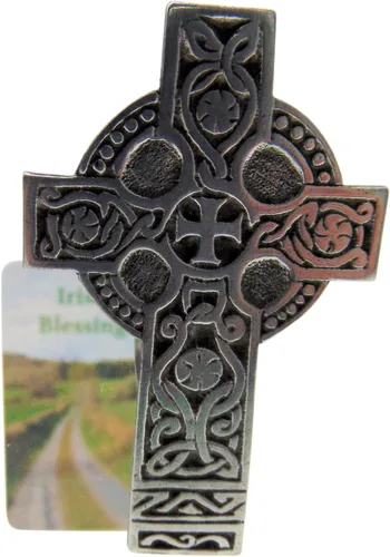 Miniatura 2 de Westmon Works Clip para visera irlandesa, cruz celta de Irlanda, decoración de automóvil de peltre con tarjeta de oración de bendición