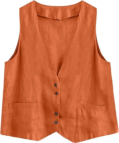 Miniatura 13 de COTECRAM Chaleco de lino de algodón para mujer, casual, sin mangas, con botones, ligero, para verano, holgado, ropa de abrigo
