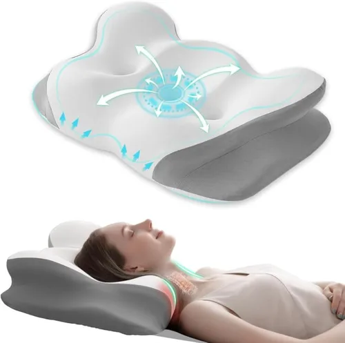 FUNCCUBE Almohada cervical para el cuello – Almohadas de espuma viscoelástica para aliviar el dolor dormir con funda de almohada refrescante, Reina