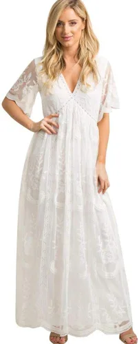 Vestido largo de maternidad casual con cuello en V de manga corta floral con encaje acampanado y bohemio para la noche cóctel fiesta sesión de fotos