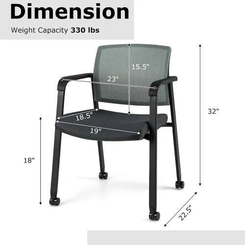 Miniatura 3 de Giantex Juego de 2 sillas de sala de espera, sillas de escritorio de oficina con ruedas de poliuretano, reposabrazos, silla apilable para oficina