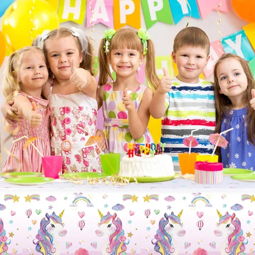 Miniatura 6 de Tiamon 1 mantel de unicornio desechable de unicornio, manteles rectangulares de plástico más grandes para baby shower, suministros de fiesta