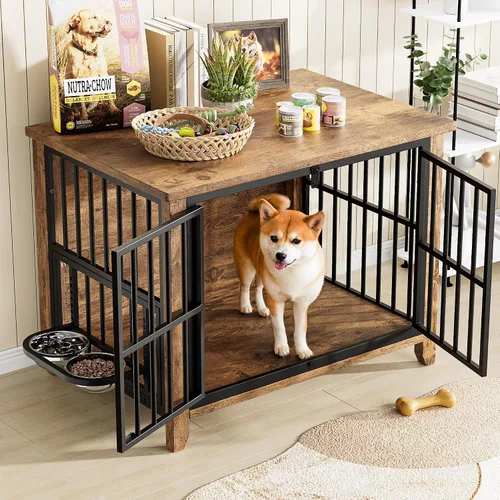 Miniatura 3 de Lulive Mueble de jaula para perros, jaula de madera para perros de interior con cuencos ajustables de 360° y altura, muebles de doble puerta
