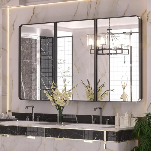 Miniatura 28 de Keonjinn Gabinetes de medicina delgados negros de 15 x 36 pulgadas, botiquín lateral estrecho para baño con espejo, marco de acero inoxidable