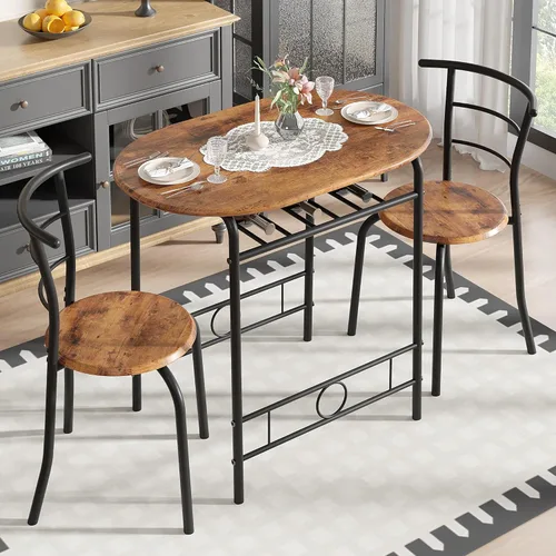 Miniatura 20 de VECELO Juego de mesa de comedor de 3 piezas para rincón de desayuno, mesa ovalada de mármol sintético y marco de metal con estante de vino Blanco