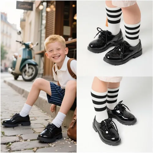 Miniatura 4 de KIDSUN Zapatos de vestir para niño y niña, cómodos zapatos Oxford con cordones para uniforme escolar, mocasines planos (bebéniño pequeño) E-negro