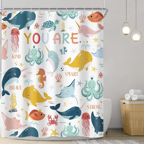 Miniatura 2 de Riyidecor Ocean - Cortina de ducha para niños, 60 pulgadas de ancho x 72 pulgadas de alto, diseño de ballena, dibujos animados, animales, delfín