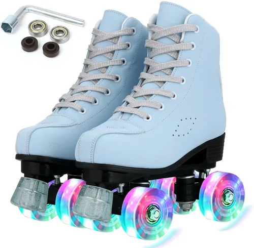 Miniatura 15 de Silvertree Patines de ruedas de piel sintética para mujer, con parte superior alta, patines de cuatro ruedas brillantes con bolsa de transporte