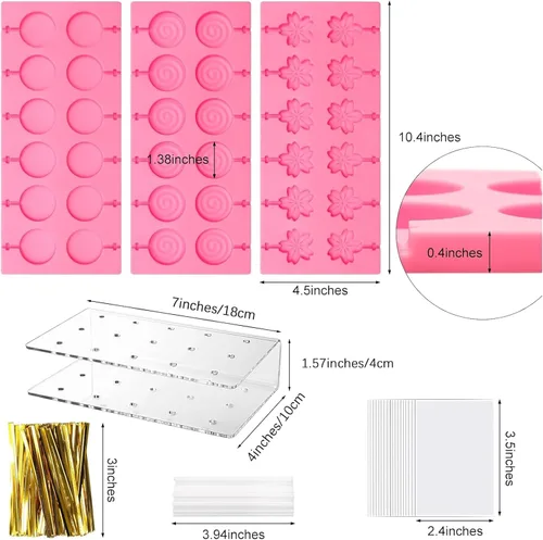 Miniatura 2 de Kit de 304 moldes de silicona para piruletas, moldes de caramelo rosa con 15 agujeros, soporte acrílico, palitos de 100P, bolsas, corbatas