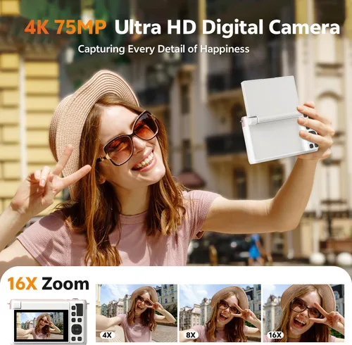 Miniatura 2 de Cámara digital 4K con pantalla abatible, rosa, cámara compacta para fotografía Auto Focus, Built-in WiFi, 16x Digital Zoom, 2500mAh Battery, 32GB