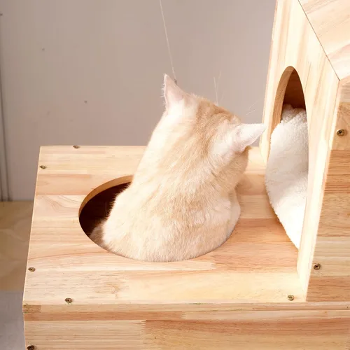 Miniatura 5 de SHENGOCASE Moderno castillo grande de madera maciza de goma maciza para gatos con cama grande cerrada, condominio, poste rascador y rascador