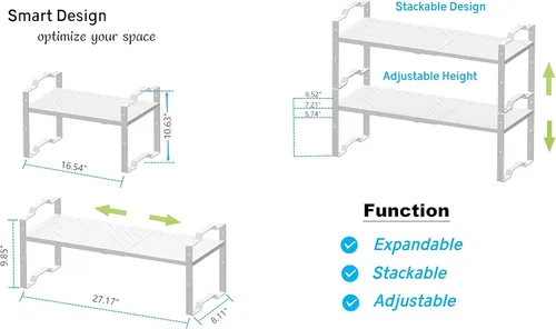 Miniatura 5 de Jojocross Estante expandible para organizador de gabinete, ajustable, apilable, especiero en cocina y baño, 2 paquetes/blanco, mediano