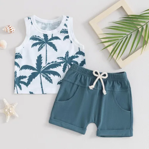 Miniatura 2 de BOIZONTY Conjunto de 2 piezas de ropa de verano para bebé, camiseta sin mangas, camiseta y pantalones cortos de palma