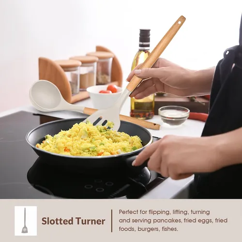 Miniatura 4 de E-far Juego de 6 Utensilios de Cocina, Utensilios de Cocina de Silicona con Mango de Madera, Compatibles con Utensilios de Cocina Antiadherentes