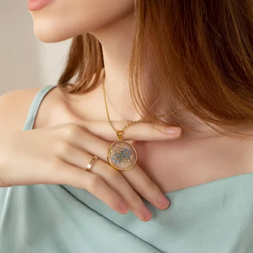 Miniatura 30 de Forget-Me-Not and Queen Anne's Lace Pressed Wildflower Necklace Birth Month Real Flower Necklace Gold/Silver Pressed Flower Jewelry