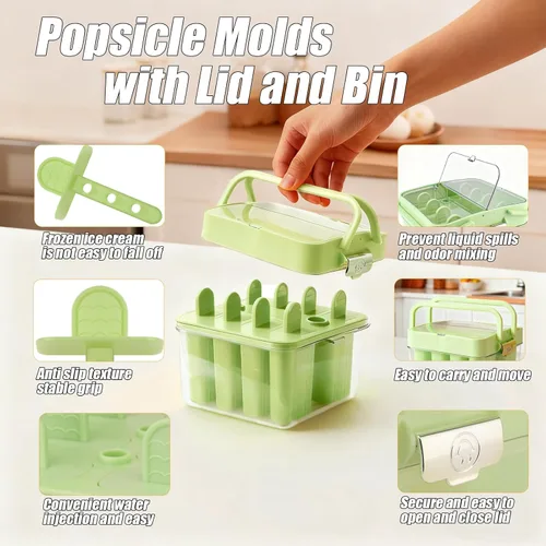 Miniatura 5 de Moldes para paletas con tapa y contenedor, 9 piezas, reutilizables, fáciles de liberar, moldes para paletas caseras, sin olor, sin bisfenol A 8