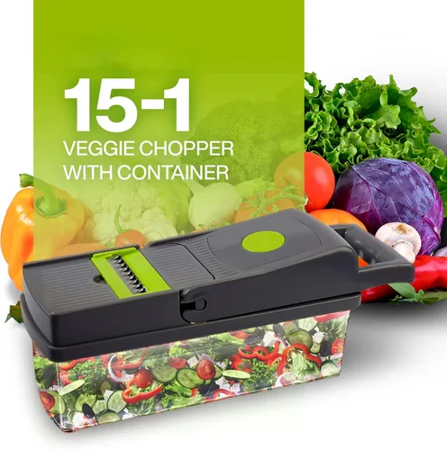 Picador de verduras 15-1 con recipiente – Cortador de 8 cuchillas y rebanador – Cesta de drenaje, pelador, separador de huevos y muchos más –