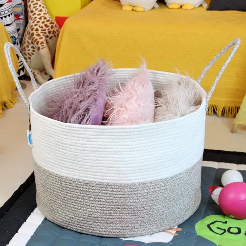 Miniatura 7 de Casaphoria Cesta de cuerda de algodón XXXL para sala de estar, cesta de almacenamiento tejida con asa larga para mantas, toallas y almohadas, cesta