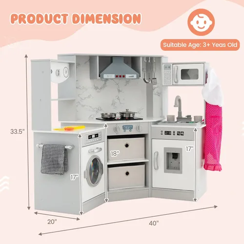 Miniatura 9 de INFANS Juego de Cocina de Esquina para Niños, Set de Cocina de Madera de Juguete para Niños Pequeños con Circulación Real de Agua Corriente, Luz