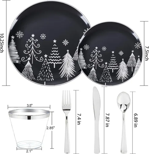 Miniatura 3 de KIRE Juego de 150 platos de Navidad desechables y vajilla para 25 invitados, platos negros y plateados, cubiertos de plástico y tazas con borde