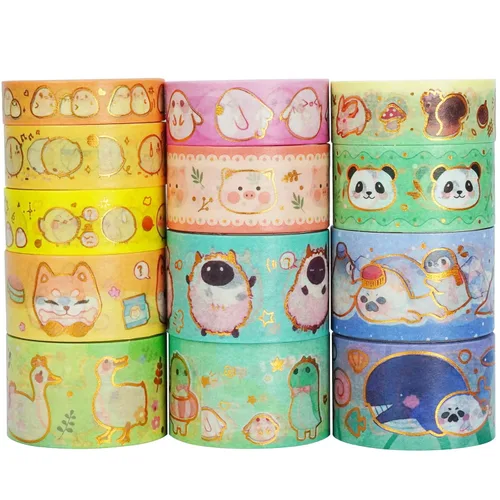 Cute Pets - Juego de 13 rollos de cintas washi anchas con adornos dorados, cintas adhesivas decorativas para artes, manualidades DIY, diarios,
