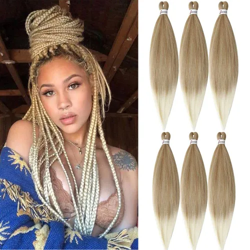 Miniatura 16 de Cabello para trenzar preestirado plateado, 20 pulgadas, 6 paquetes de extensiones de cabello trenzado Ombre preestiradas para mujeres, fibra