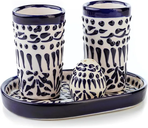 Miniatura 13 de Juego de vasos de chupito de tequila Talavera con bandeja y salero (juego de 2) - Diseño de flores verdes - Juego de regalo mexicano auténtico Flor