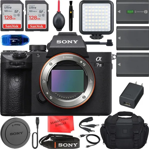 Sony Paquete de cámara sin espejo solo cuerpo a7 III + accesorios (256 GB de alta memoria, batería extra luz LED, bolsa de dispositivos y más)
