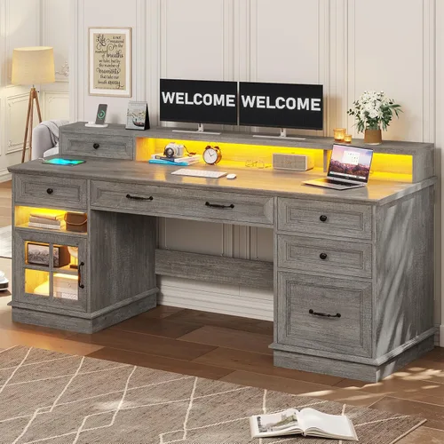 Miniatura 7 de BTHFST Escritorio ejecutivo estilo granja con cajón para archivos, escritorio para computadora con estación de carga y luces LED, escritorio de Gris