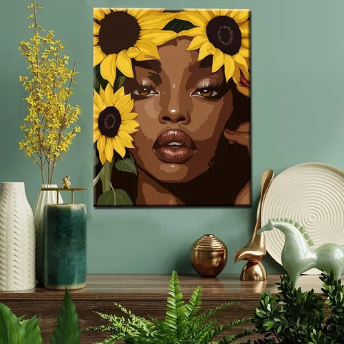 Miniatura 4 de Pintura por números, girasoles afroamericanos, kit de pintura acrílica DIY por números, para niños, adultos, principiantes, niñas negras, pintura