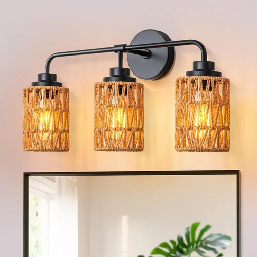 Miniatura 13 de Lámparas de baño bohemias, luces rústicas de tocador de 2 luces sobre el espejo, iluminación de ratán de granja con persianas tejidas a mano