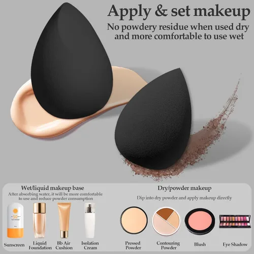 Miniatura 2 de Juego de 14 esponjas de maquillaje, mezclador de esponjas de belleza con 4 borlas de polvo y 4 mini esponjas de maquillaje para líquido, base, Negro