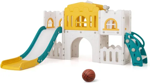 Miniatura 12 de Costzon Juego de tobogán infantil 8 en 1, tobogán independiente para niños con túnel, aro de baloncesto, juego de tobogán escalador para niños de 1
